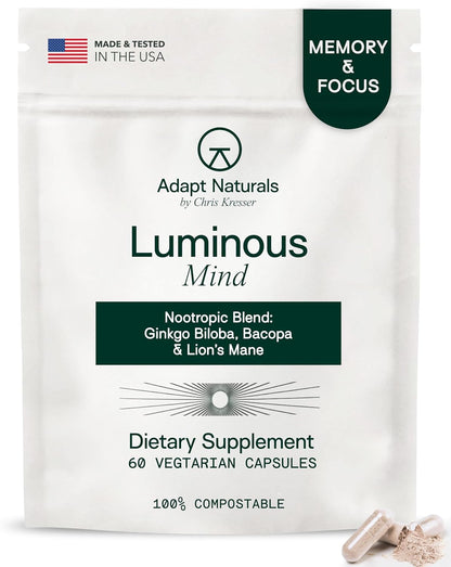 Adapt Naturals Luminous Mind Nootropic Brain Supplement - 30 Day Supply | with Ginkgo Biloba, Bacopa & Lions Mane - Memory, Focus, Mental Clarity & Elevated Mood Support - No Caffeine & Crash Free