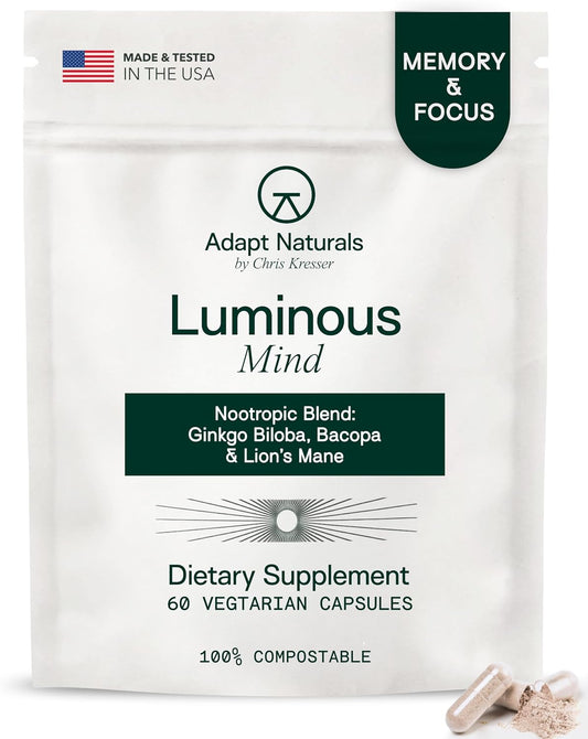Adapt Naturals Luminous Mind Nootropic Brain Supplement - 30 Day Supply | with Ginkgo Biloba, Bacopa & Lions Mane - Memory, Focus, Mental Clarity & Elevated Mood Support - No Caffeine & Crash Free