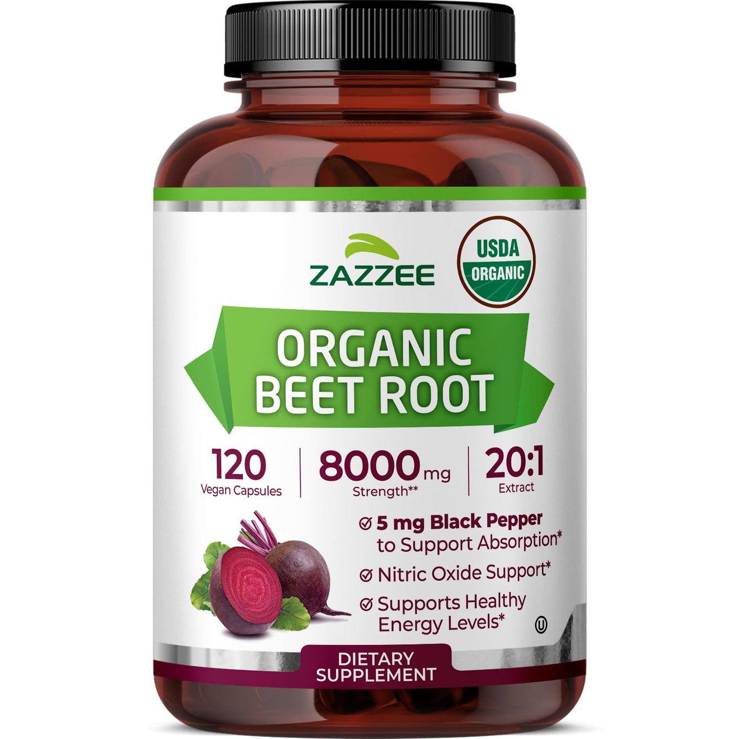 Zazzee USDA Organic Beet Root 20:1 Extract, 120 Vegan Quick Release Capsules, 4 Month Supply, Nitric Oxide Support, Black Pepper Extract for Enhanced Absorption, Certified Kosher, Non-GMO, Made in USA