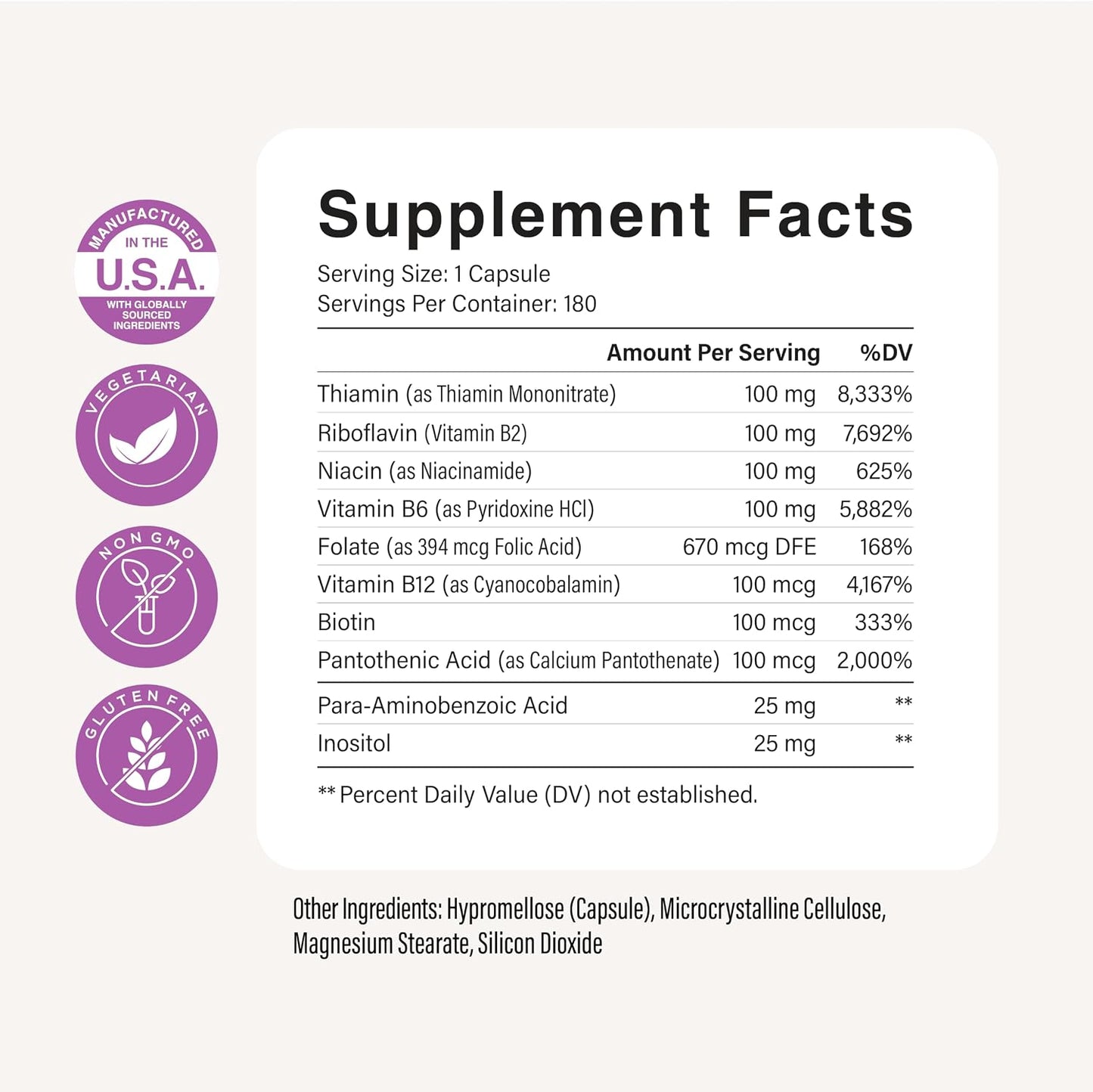 Vitamin B Complex, B1, B2, B3, B5, B6, B7, B9, B12 Inositol, 6 Month Supply | Energy Immune & Nervous System Support, Super B Complex Vitamins for Women & Men, One-A-Day, Vegan & Non-GMO, 180 Capsules
