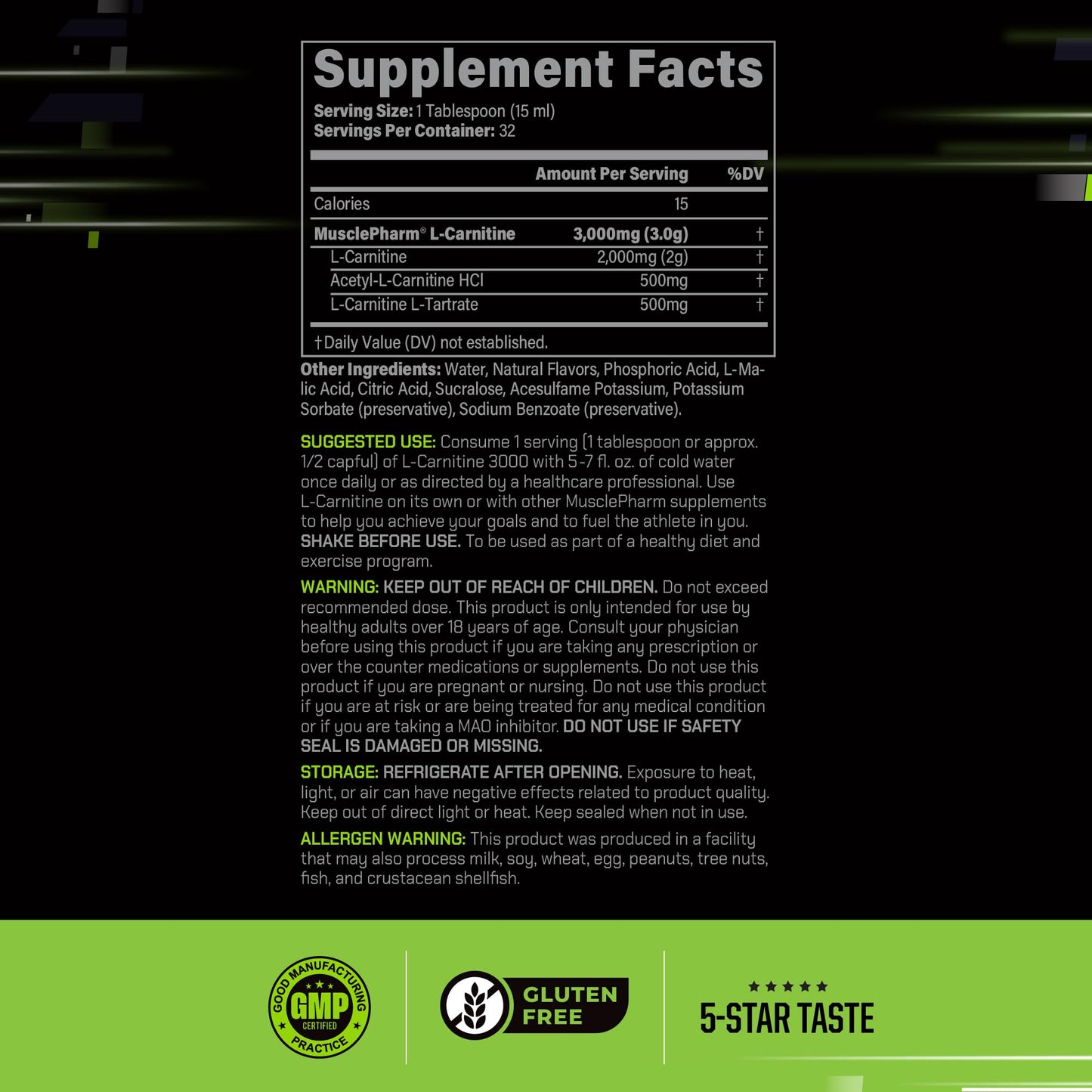 Muscle Pharm L-Carnitine 3000, The Ultimate Liquid L Carnitine Supplement for High-Performance, Supports Metabolism, Hydration & Energy, Zero Sugar, Low Calories, Sour Cherry Flavor, 32 Servings