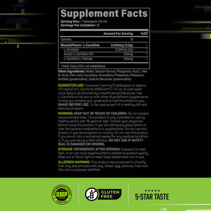 Muscle Pharm L-Carnitine 3000, The Ultimate Liquid L Carnitine Supplement for High-Performance, Supports Metabolism, Hydration & Energy, Zero Sugar, Low Calories, Sour Cherry Flavor, 32 Servings