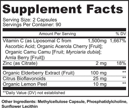 Liposomal Vitamin C with Zinc Capsules - Vit C Organic Elderberry, Amla, Camu Camu- Vitamina C High Absorption, Anti Aging, Immune Support,1500mg/Serving 3 Month Supply Gluten Free NON GMO Veggie Caps