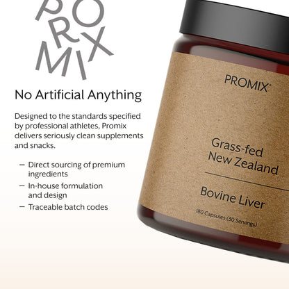 ProMix Nutrition Grass Fed Raw Beef Liver Supplement, Multivitamin - Bioavailable Vitamin A, B12, D3, Heme Iron - 180 Gelatin Capsules