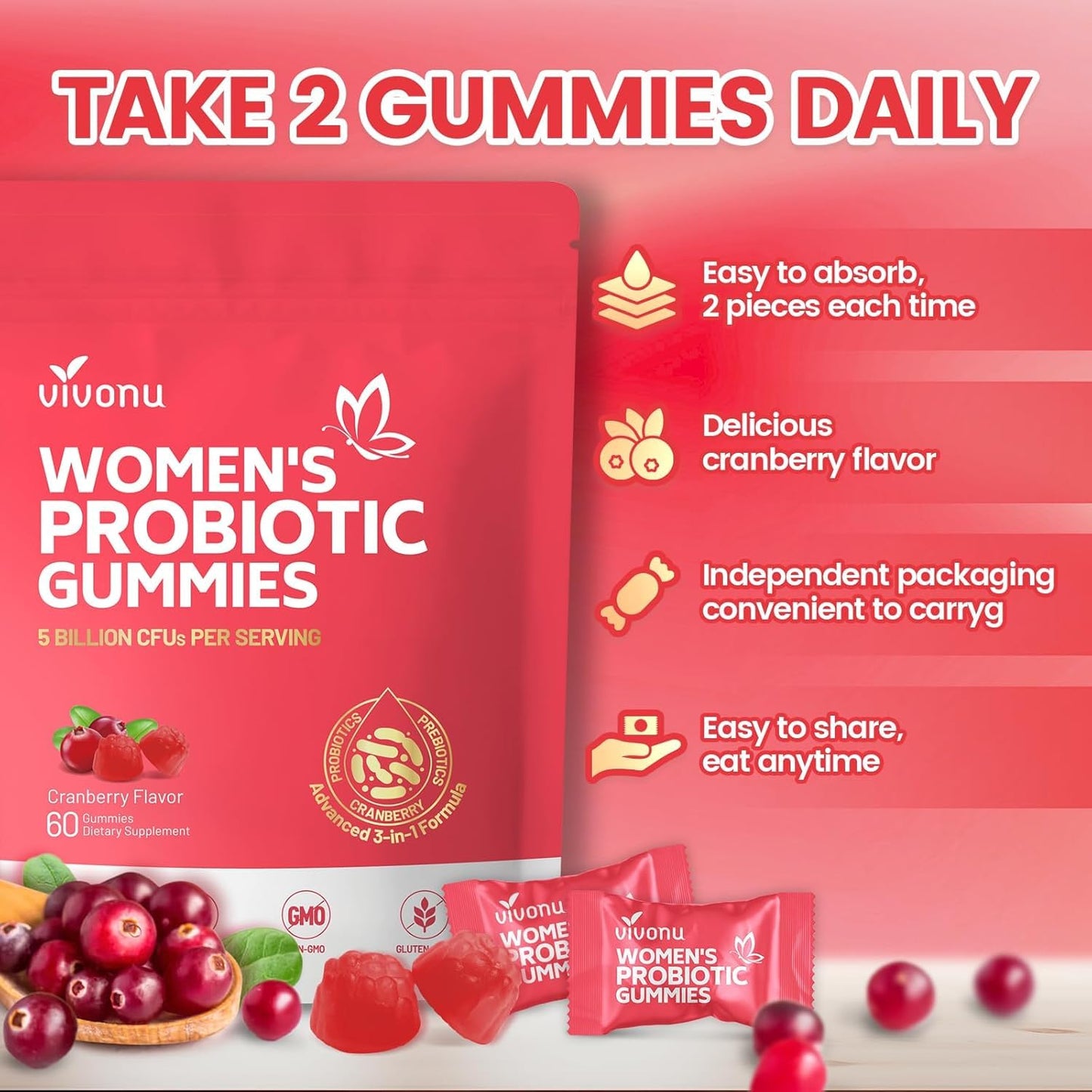 VivoNu Probiotics for Women, Women Probiotic Gummies, 500 Million CFUs, Fiber | Feminine Balance Gummies for Healthy Odour, Digestive Support and Gut Health + Vitamin C for Immune Support - 60 Gummies