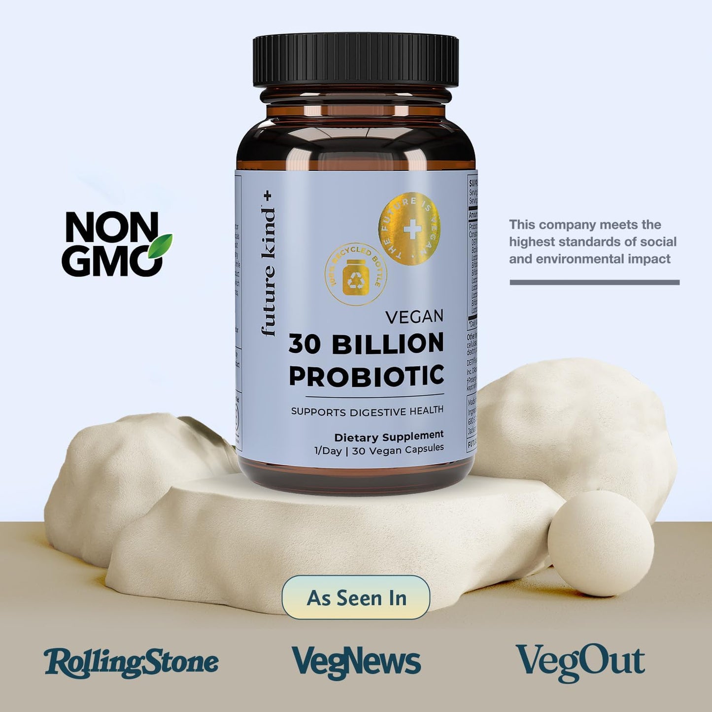 Future Kind Vegan Probiotics for Women and Men - 30 Billion CFUs Probiotics for Digestive Support (30 Adult Probiotic Capsules) No GMOs, Daily Probiotic Supplements from 42 Fruits & Vegetables