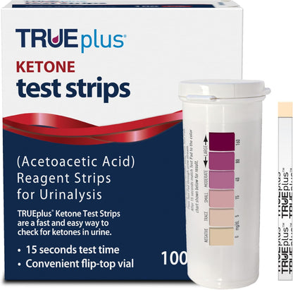 TRUEplus Ketone Test Strips, Urinalysis Test Sticks, 100 Count | Checks for Ketones in Urine, Fast and Easy Testing at Home, Ideal for Low-Carb Dieters and People with Diabetes
