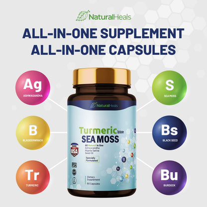 Natural Heals Sea Moss 3000mg: Black Seed Oil 2000mg Ashwagandha 1000mg Turmeric