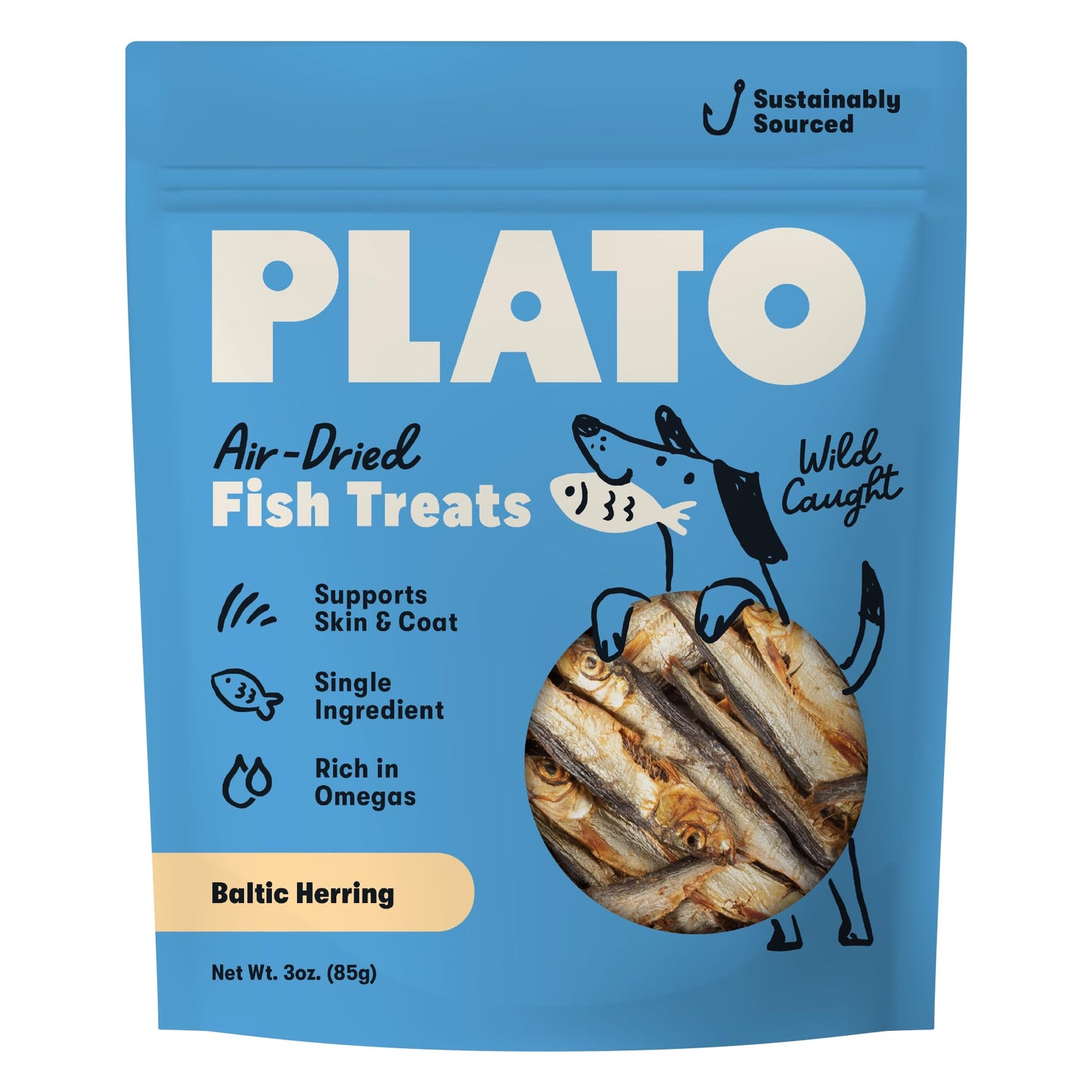 Plato Single Ingredient Wild-Caught Baltic Herring Dog Treats, Air-Dried Whole Fish, Omega-Rich Skin & Coat Support, 8.5 oz