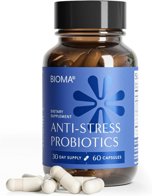 BIOMA Anti-Stress Probiotics – 3-in-1 Gut-Brain Axis Support for Stress Relief & Mood – Prebiotics, Postbiotics & Clinically Studied Strains – Vagus Nerve, Serotonin & Digestive Support – 60 Capsules