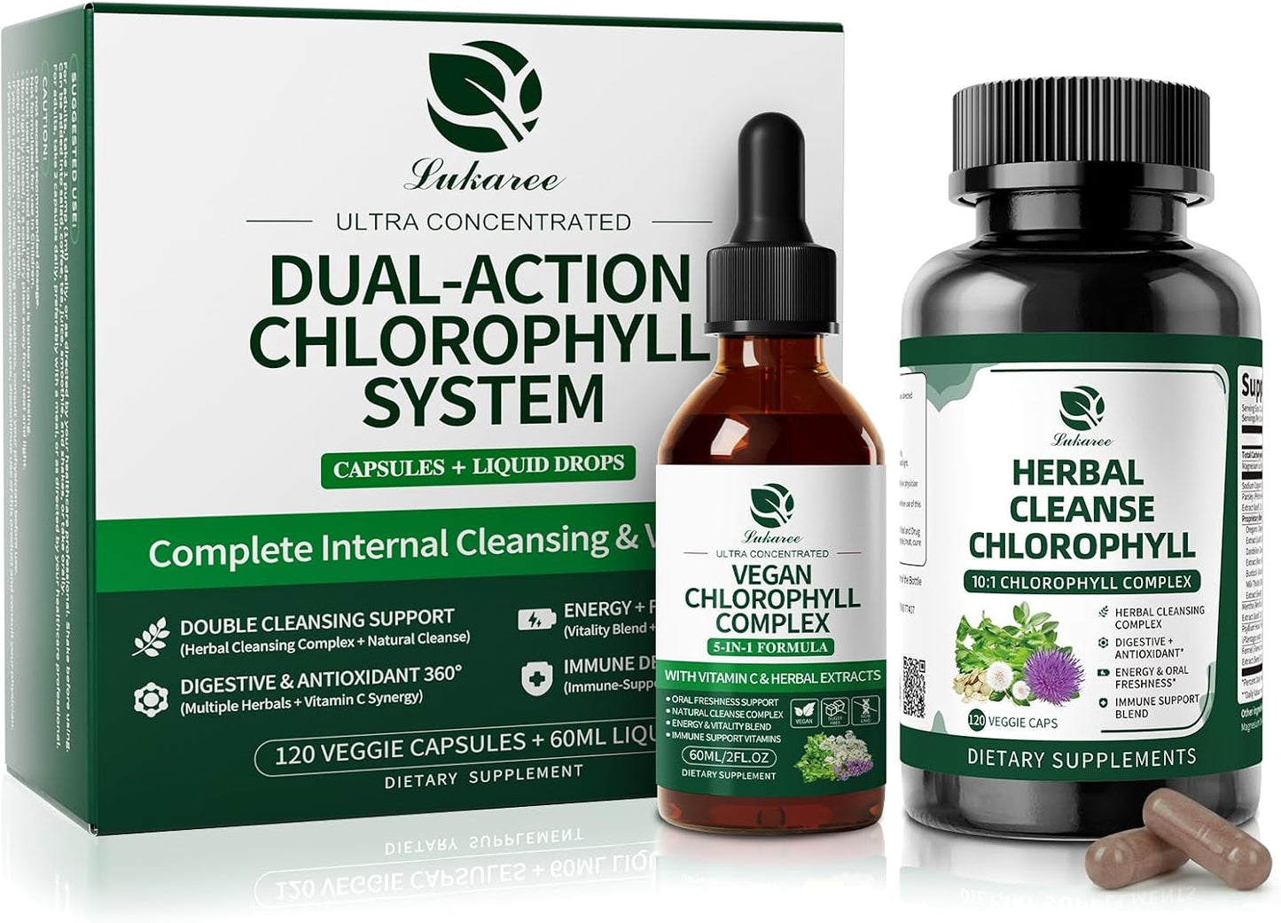 Liquid Chlorophyll Drops with Caps for Immune, Detox & Antioxidant | Chlorophyll Daily Combo for Digestion & Gut Health, Energy, Internal Deodorizer, Vegan, Sugar-Free, 2Oz + 120 Caps