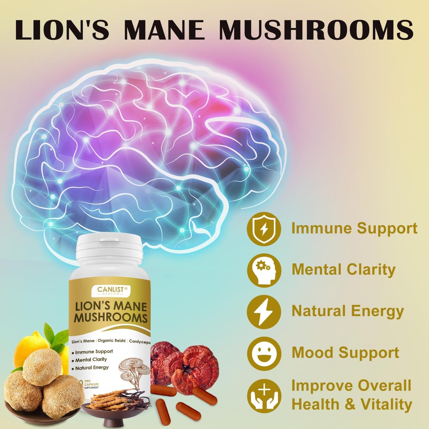 CANLIST Organic Mushroom Complex Capsules with Lion's Mane, Cordyceps, Reishi, Help for Cognitive Focus, Immune Support & Brain Health, Vegan, Non-GMO, 90 Capsules