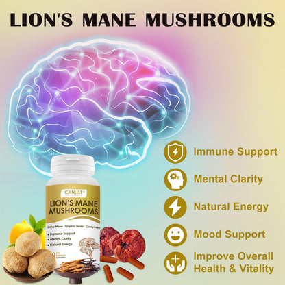 CANLIST Organic Mushroom Complex Capsules with Lion's Mane, Cordyceps, Reishi, Help for Cognitive Focus, Immune Support & Brain Health, Vegan, Non-GMO, 90 Capsules