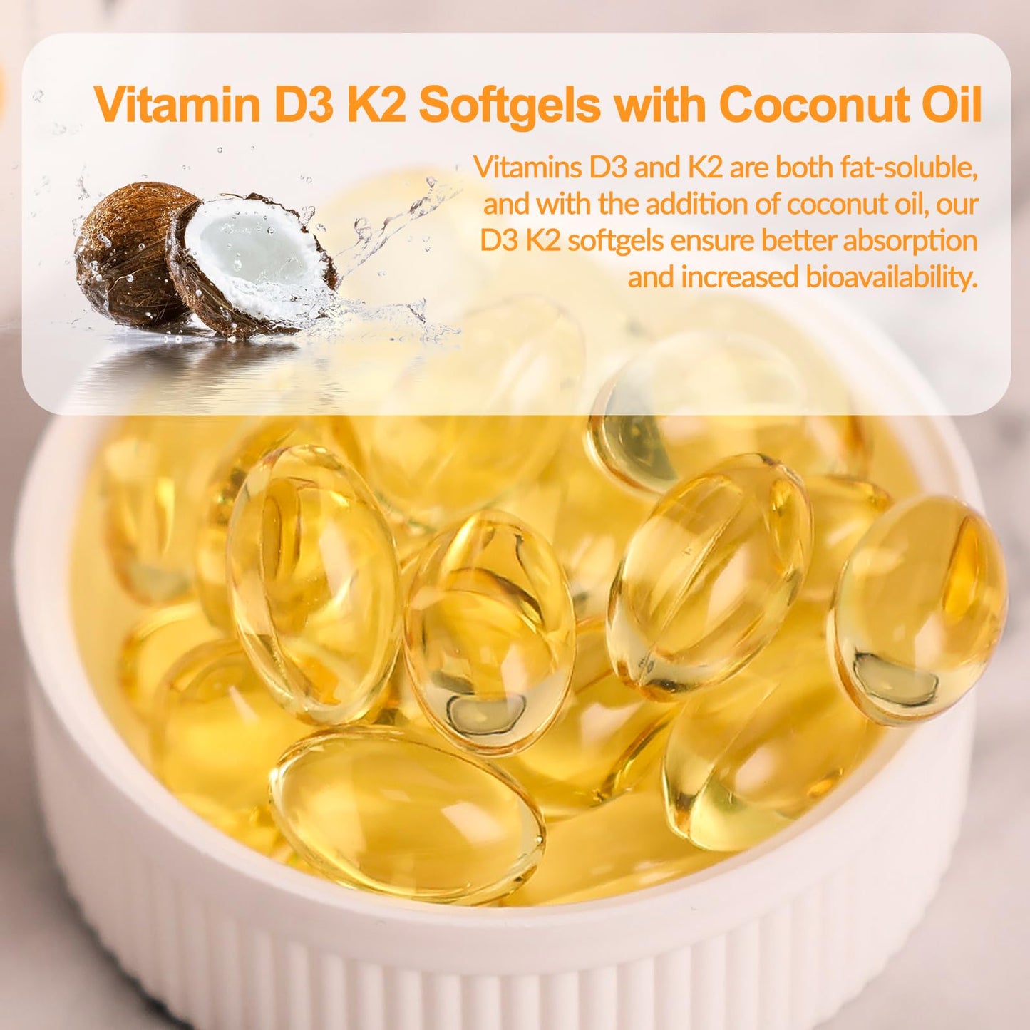 Noavfun Vitamin D3 K2 10000 IU Supplement with Coconut Oil, 90 Softgels - High Potency VIT D3 250mcg & K2 MK7 200mcg - Supports Bone, Teeth & Calcium Absorption