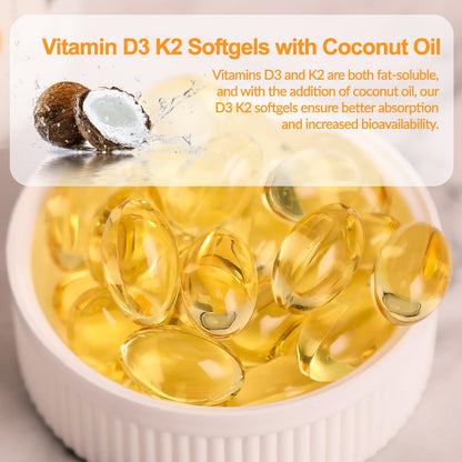 Noavfun Vitamin D3 K2 10000 IU Supplement with Coconut Oil, 90 Softgels - High Potency VIT D3 250mcg & K2 MK7 200mcg - Supports Bone, Teeth & Calcium Absorption