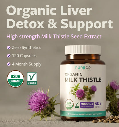 USDA Organic Milk Thistle Capsules - 80% Silymarin Supplement for Liver Support- Super Concentrated 300mg of 30:1 Milk Thistle Extract Equivalent to 9,000mg - Milk Thistle Liver Detox 60 Day Supply
