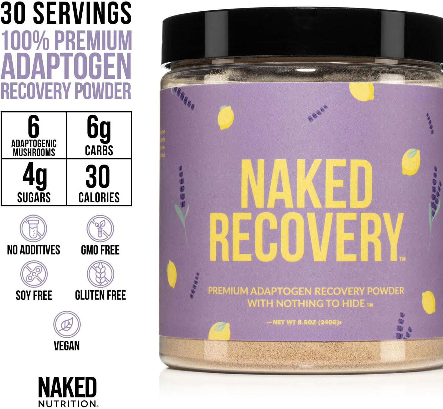 NAKED Recovery - Mushroom Supplement Powder - Lions Mane, Cordyceps, Reishi, Tart Cherries, Lemon Balm - Adaptogen Wellness Formula, Stress Relief, Muscle Recovery - 30 Servings