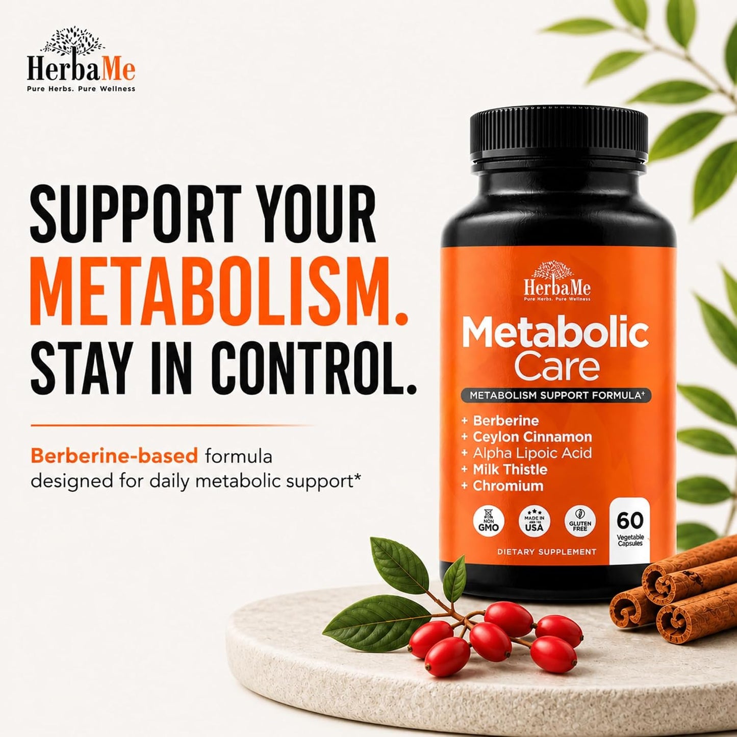HerbaMe Berberine Supplement with Ceylon Cinnamon, Chromium, Alpha Lipoic Acid, Metabolic Care Supports Metabolism & Cardiovascular Health and Immune System, Helps Maintain Steady Energy Levels