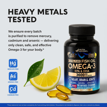 Omega 3 Fish Oil 3600 mg - Omega 3 Supplement | EPA & DHA - Heavy Metals Tested - Heart, Brain & Joint Support - Purified Fish Oil for Men & Women - Lab Tested - Lemon Flavored - 90 Softgels