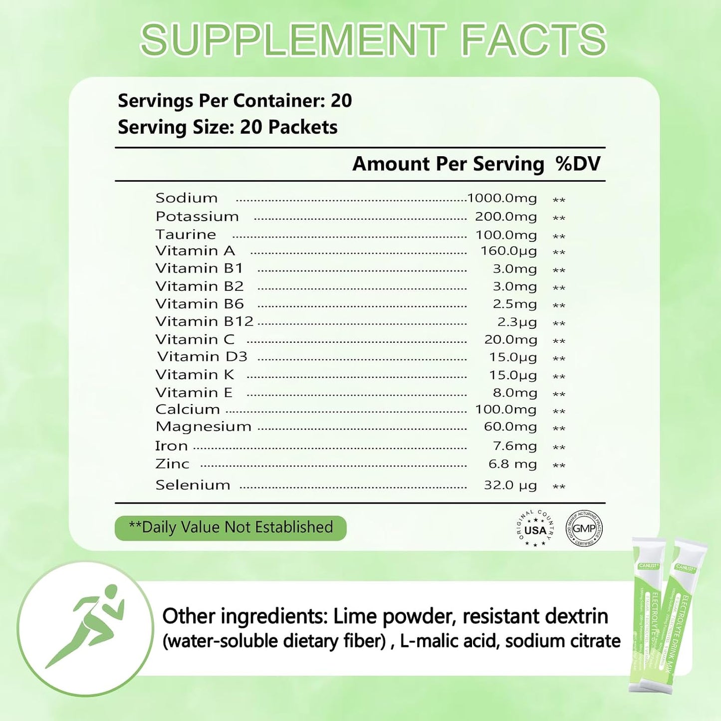 CANLIST Electrolyte Powder - Sugar Free Hydration Drink Mix with Sodium, Potassium, Magnesium - Vegan Friendly, Zero Calorie Electrolytes Supplement for Energy & Recovery (20 Stick Packets)