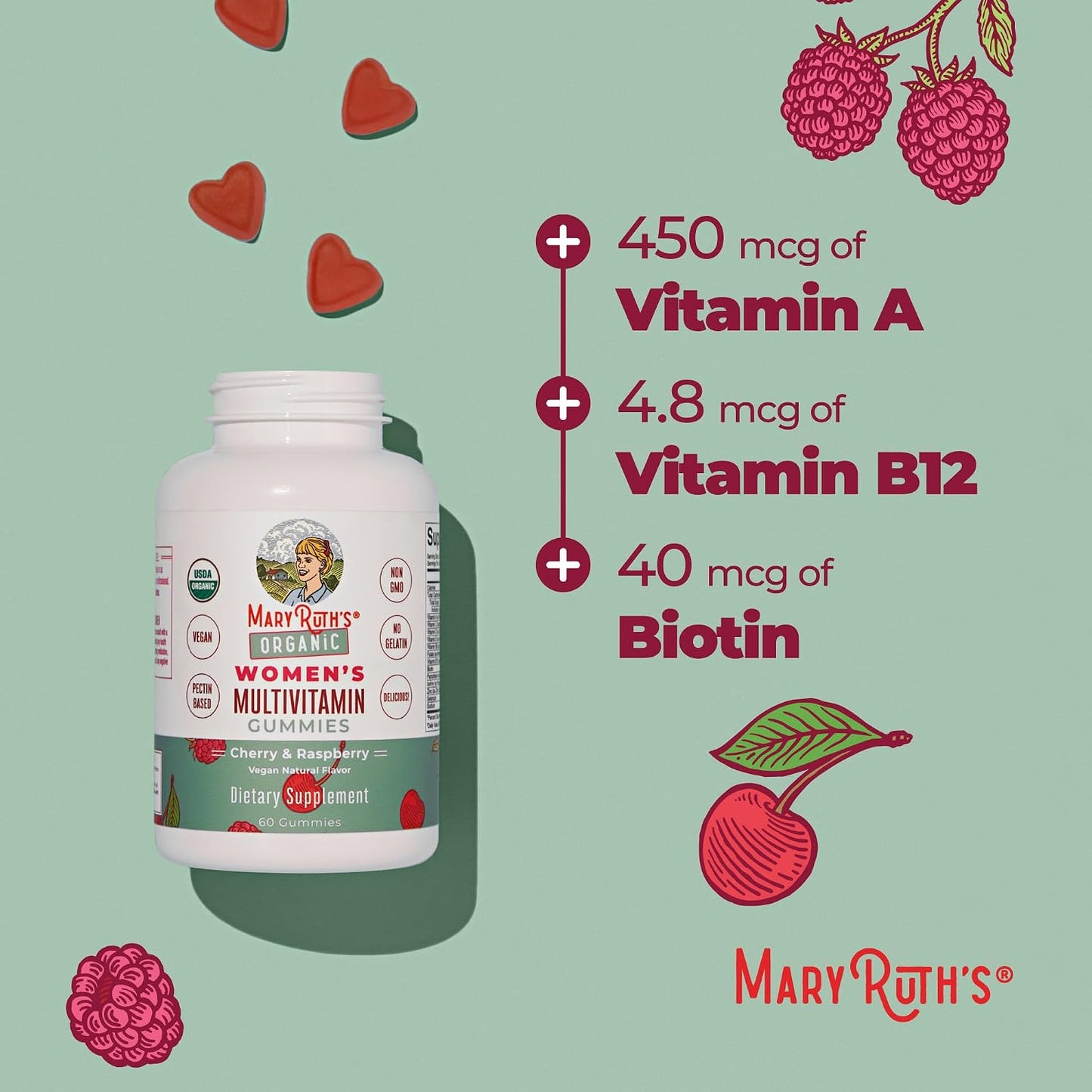 MARYRUTH'S Multivitamin Gummies for Women Ages 14+ | Immune Support | Hair & Skin Health | Reproductive Health | Vitamin A C D E B6 B12 Biotin Zinc Iodine | Organic | Vegan | Non-GMO | 60 Count