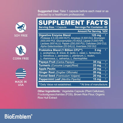 BioEmblem Digestive Enzymes - 10 Enzymes w/ 12 Strain 1 Billion CFU Probiotics for Nutrient Absorption & Digestive Support - Papaya, Bromelain & Papain to Help Bloating & Gas - Non-GMO - 60 Capsules