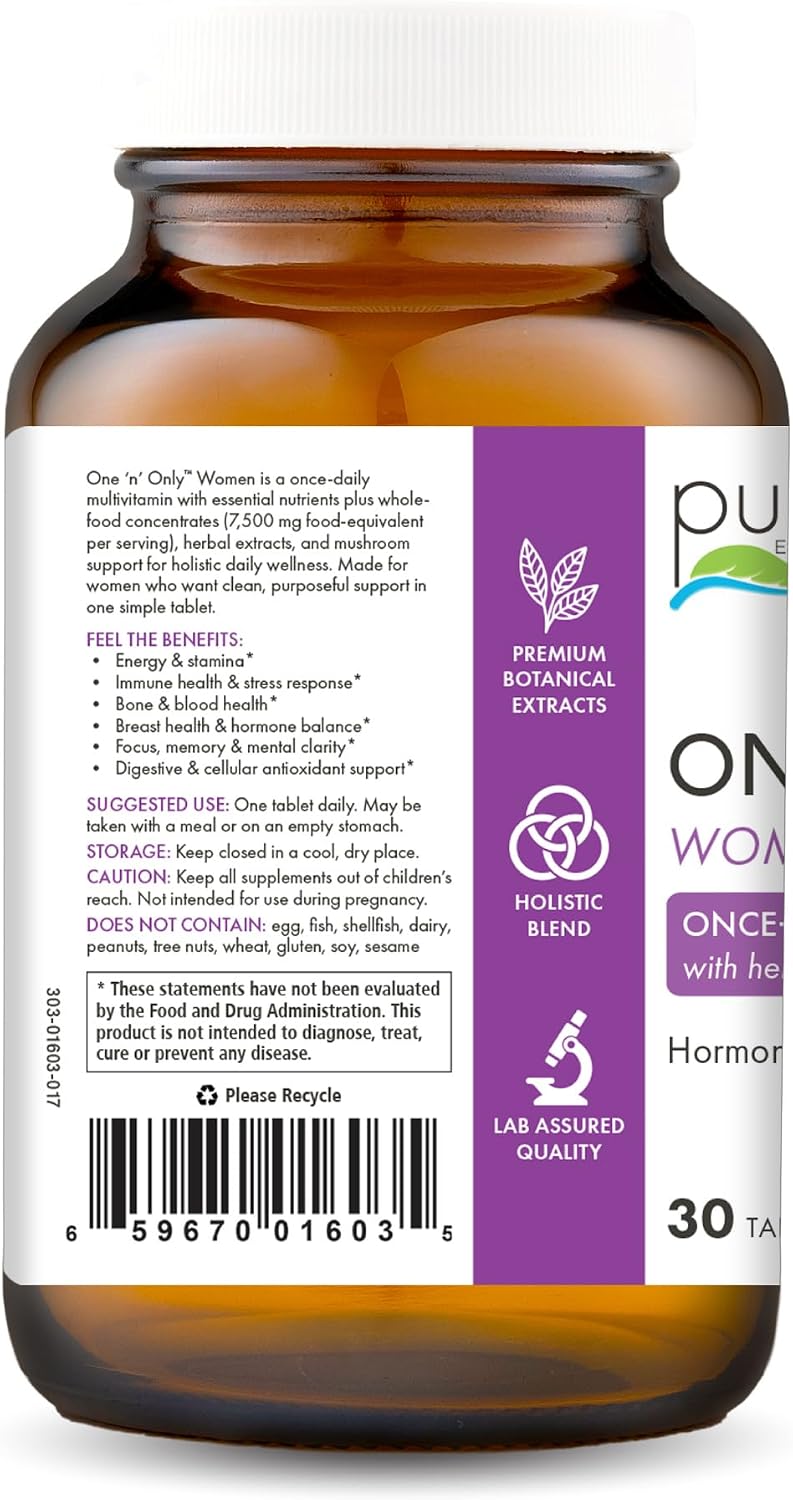 PURE ESSENCE LABS One N Only Multivitamin for Women, Natural One a Day Herbal Supplement with Vitamin D3, B12, and Biotin with Whole Foods, 30 Tablets