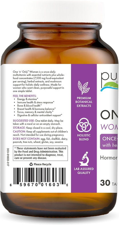 PURE ESSENCE LABS One N Only Multivitamin for Women, Natural One a Day Herbal Supplement with Vitamin D3, B12, and Biotin with Whole Foods, 30 Tablets