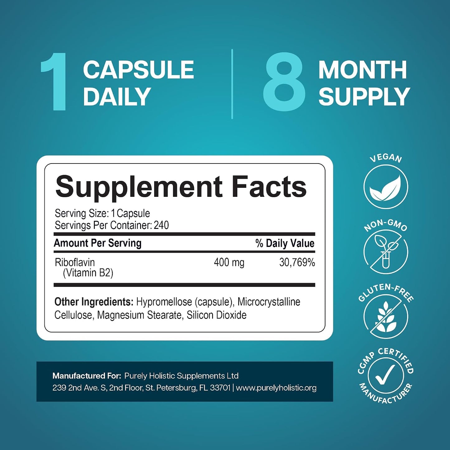 Vitamin B2 Riboflavin 400mg, 8 Month Supply Energy & Nervous System Support | One-a-Day Formula, B2 Vitamins for Energy Production Nutrient Conversion and Cellular Health Support, Vegan, 240 Capsules