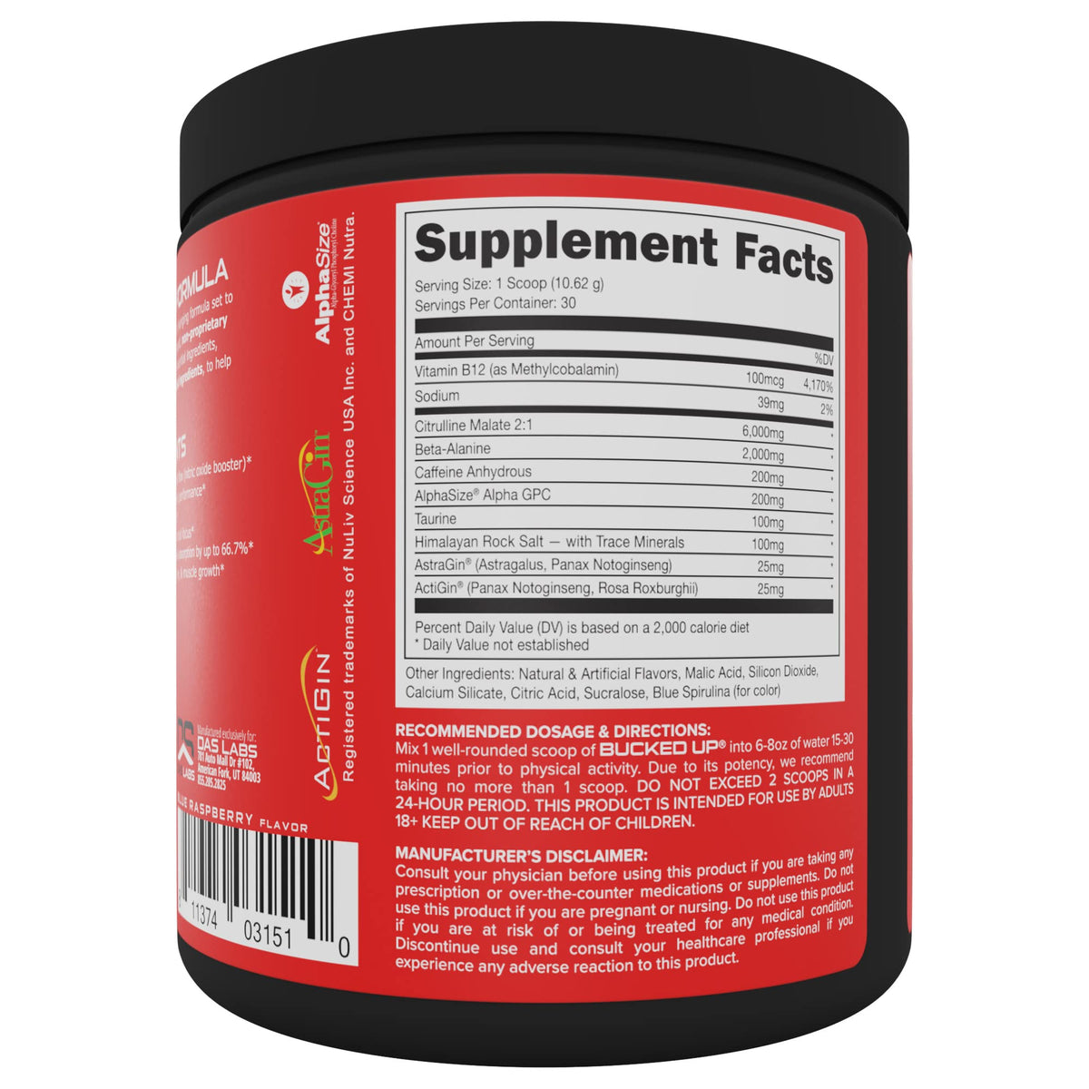 Bucked Up Pre Workout 6 Grams Citrulline, 2 Grams Beta Alanine, and 3 Other Registered