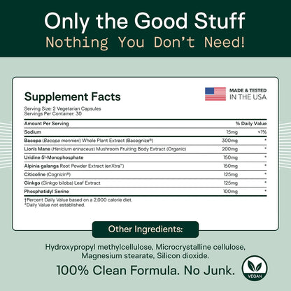 Adapt Naturals Luminous Mind Nootropic Brain Supplement - 30 Day Supply | with Ginkgo Biloba, Bacopa & Lions Mane - Memory, Focus, Mental Clarity & Elevated Mood Support - No Caffeine & Crash Free