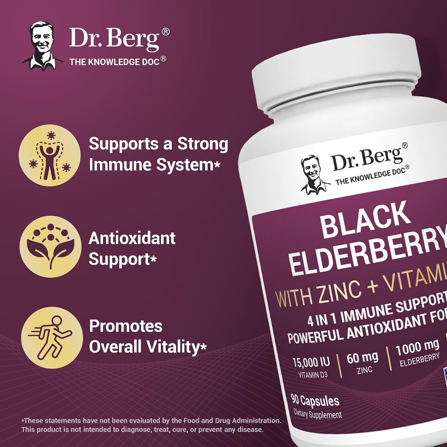 Dr. Berg Black Elderberry Capsules (Advanced Immune Support*) with 15,000 IU Vitamin D, 60 mg of Zinc, & 90 mg of Camu Camu - (4-in-1) Sambucus Elderberry Immune Support Supplement - 90 Capsules