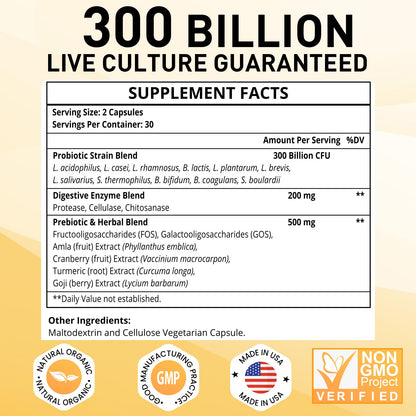 Probiotics for Women & Men, 300 Billion CFU 11 Strains, Probiotic with Organic Herbal
