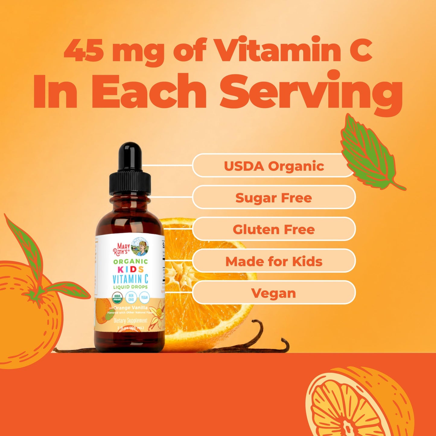 MARYRUTH'S USDA Organic Kids Vitamin C Drops Vegan Vitamin C Immune Support Supplement for Ages 4-13 | Immune Support & Overall Health | Vitamin C from Organic Acerola Fruit Extract | 2oz