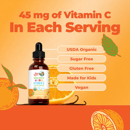 MARYRUTH'S USDA Organic Kids Vitamin C Drops Vegan Vitamin C Immune Support Supplement for Ages 4-13 | Immune Support & Overall Health | Vitamin C from Organic Acerola Fruit Extract | 2oz
