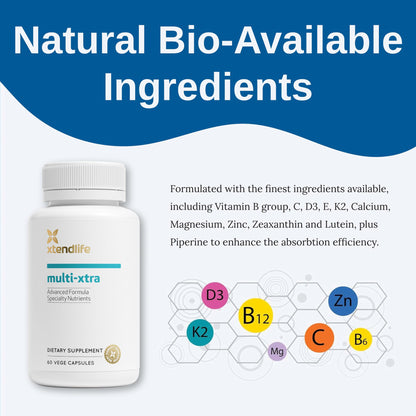 Xtendlife Multi-Xtra Multivitamin for Immune, Heart & Energy Support - 40+ Bioavailable Vitamins, Minerals, Antioxidants & Herbs - for Men, Women & Children - 30 Day Supply