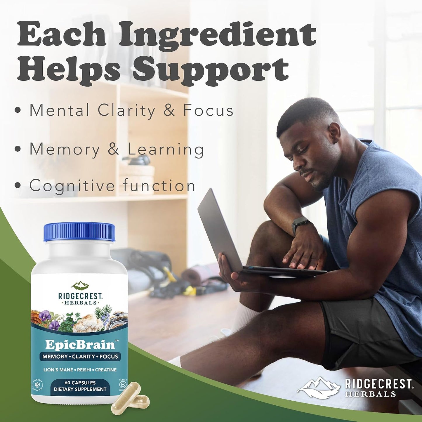 RidgeCrest Herbals EpicBrain Nootropic Memory and Focus Support 60 Ct | 30 Servings, Creatine Monohydrate, Lions Mane, Reishi, Stimulant Free, Mental Clarity and Cognitive Health Formula