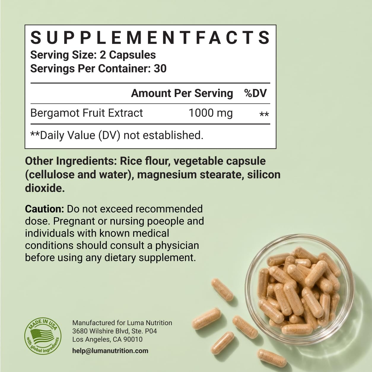 Luma Nutrition Citrus Bergamot 1000mg Supplement - 60 Capsules