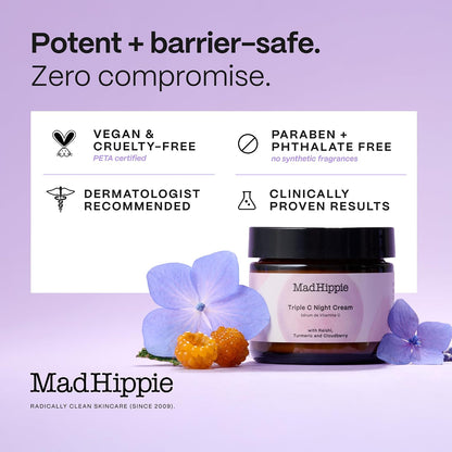 Mad Hippie Triple C Night Cream – Face Moisturizer, Skin-Brightening, Anti-Aging Skin Care with 3 Forms of Vitamin C, 2.1 Oz