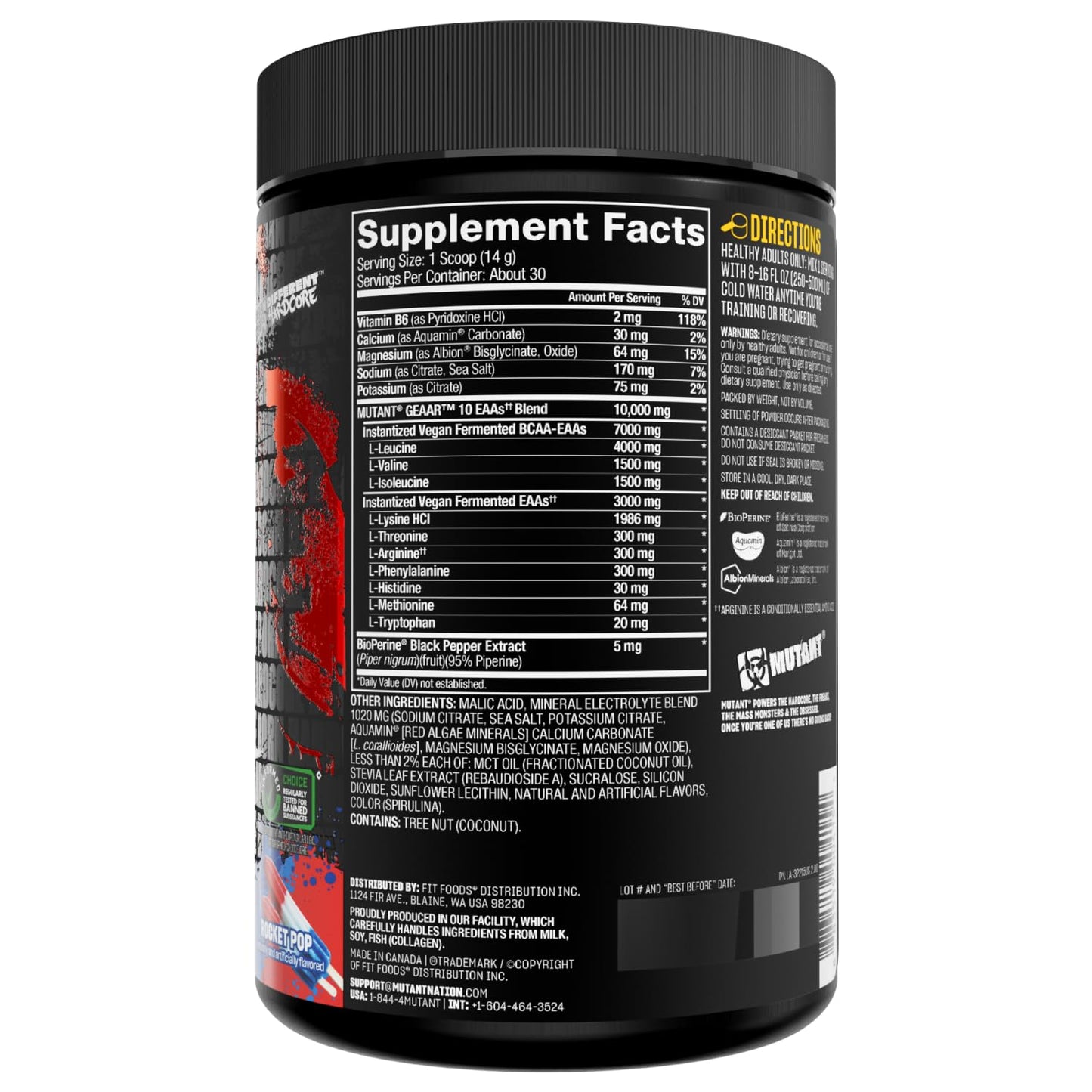 Mutant GEAAR - 9.4g of EAA Powder + Arginine, 7g BCAAs, 4g Leucine, Electrolytes, Coconut Water, 30 Servings - Fruit Punch