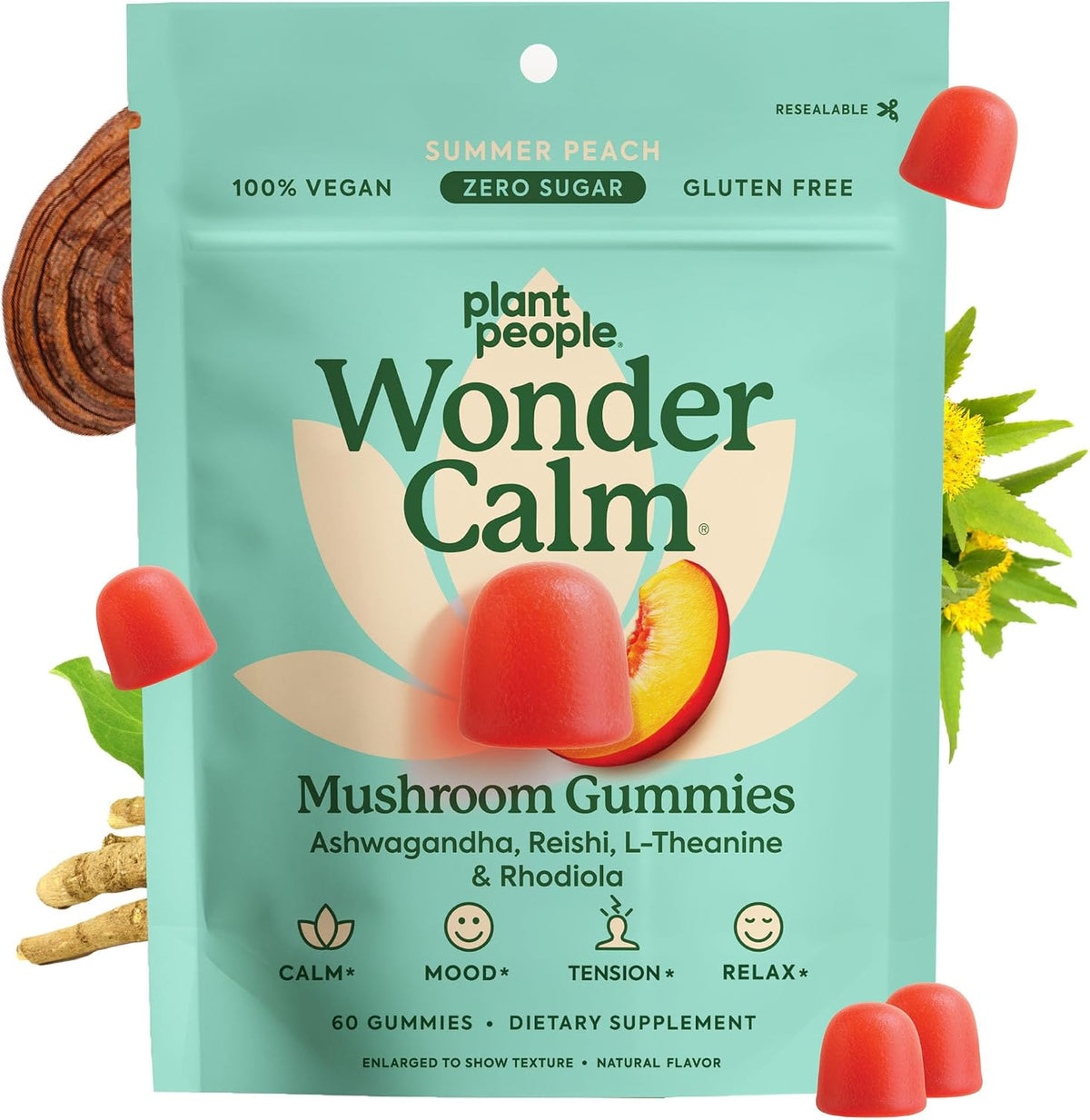 Plant People WonderCalm Mushroom & Ashwagandha Gummies, Peach Flavor 60ct