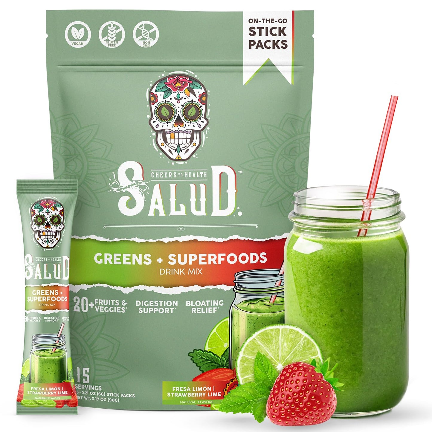 Salud 2-in-1 Greens Powder + Superfood Drink Mix, Strawberry Lime | 20+ Fruits and Veggies, Probiotics, Prebiotics, Supports Digestive Health, Bloating Relief, Vegan (15 Servings)