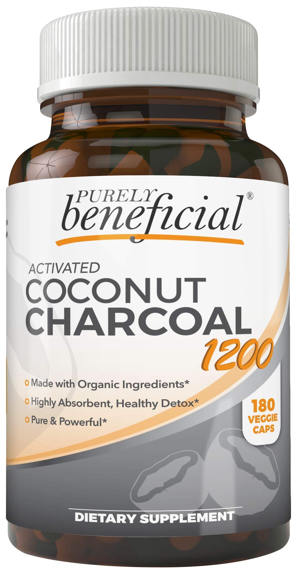 PURELY beneficial Activated Coconut Charcoal 1200mg, 180 Capsules - Pills for Digestive