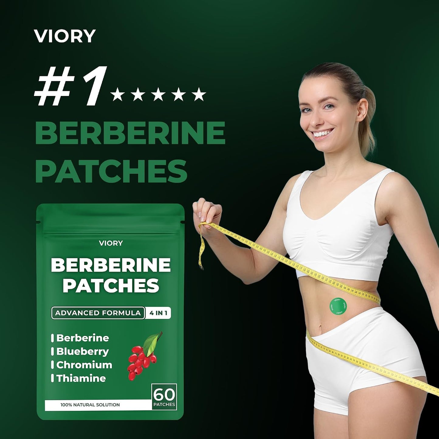VIORY Berberine Patches | Berberine Patch with L-Glutamine | With L-Glutamine, Garcinia Cambogia, Resveratrol For Women & Men, 60 Days Supply