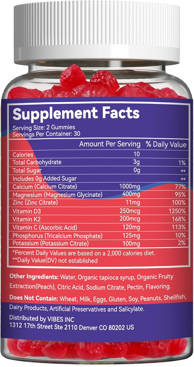 Calcium Magnesium Gummies 600MG, Calcium Magnesium Zinc Gummies with Vitamin D3 - High Absorption Complex Calcium Supplement, Vegan, 60 Counts