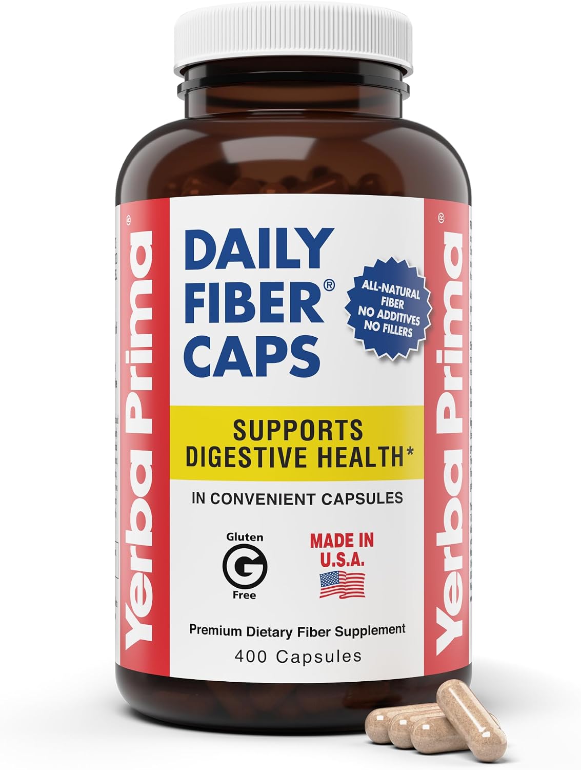 Yerba Prima Daily Fiber Caps Formula, 400 Capsules - Both Soluble and Insoluble - with Psyllium Seed Husks, Acacia Gum, Apple Fiber and More - Dietary Supplement