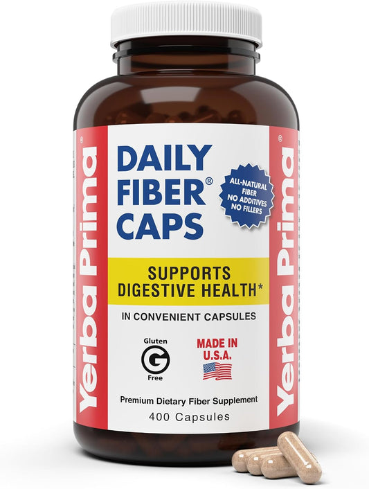 Yerba Prima Daily Fiber Caps Formula, 400 Capsules - Both Soluble and Insoluble - with Psyllium Seed Husks, Acacia Gum, Apple Fiber and More - Dietary Supplement