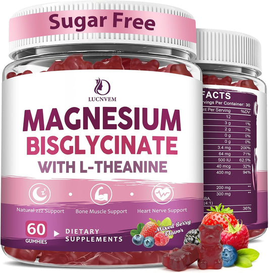 Magnesium Bisglycinate Chelate Gummies, 400 mg High Absorption Magnesium Bisglycinate with L-theanine Supplement for Women and Men, Calm, Sleep, Muscle, Bone Support, Sugar Free, Vegan, 60 Day Supply