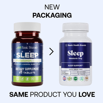 Basic Health Brands Sleep Melatonin, 3 mg 60 Count | 3mg Melatonin 60 Fast-Dissolve Tablets, Sleep Aid for Adults, Drug-Free, Non-GMO, Gluten-Free, Wake Up Refreshed