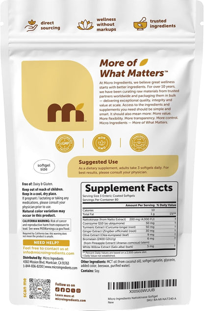 Micro Ingredients Nattokinase 240 Softgels, 200mg (4,000 FU) Per Serving | 7-in-1 Nattokinase Supplement with CoQ10, Bromelain, Turmeric, Ginger, Olive Leaf, & White Willow Bark | Non-GMO
